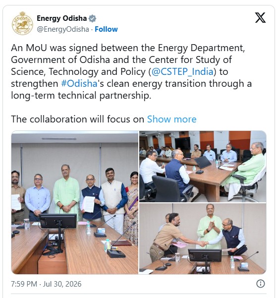 Odisha Signs MoU with CSTEP to Accelerate Clean Energy Transition